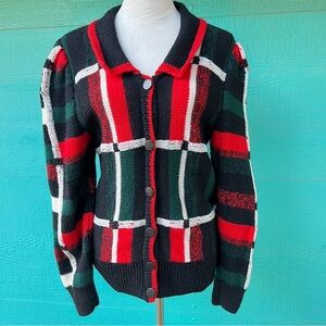 VINTAGE 100% WOOL PLAID HAND KNIT PATCHWORK PREPPY CARDIGAN SIZE MEDIUM